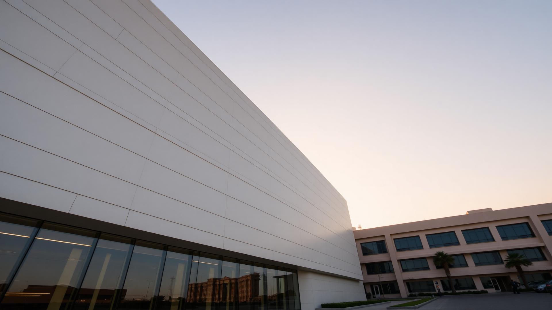 Modern architectural facade at dusk